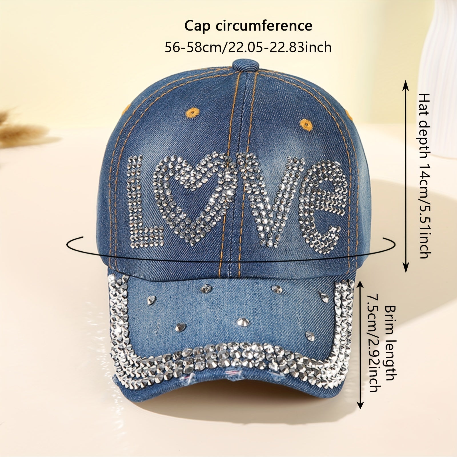 LOVE Rhinestone Denim Baseball Cap Distressed Y2K Dad Hats