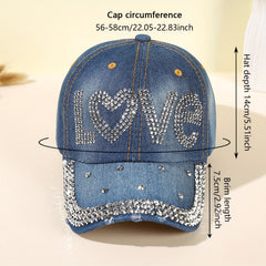 LOVE Rhinestone Denim Baseball Cap Distressed Y2K Dad Hats