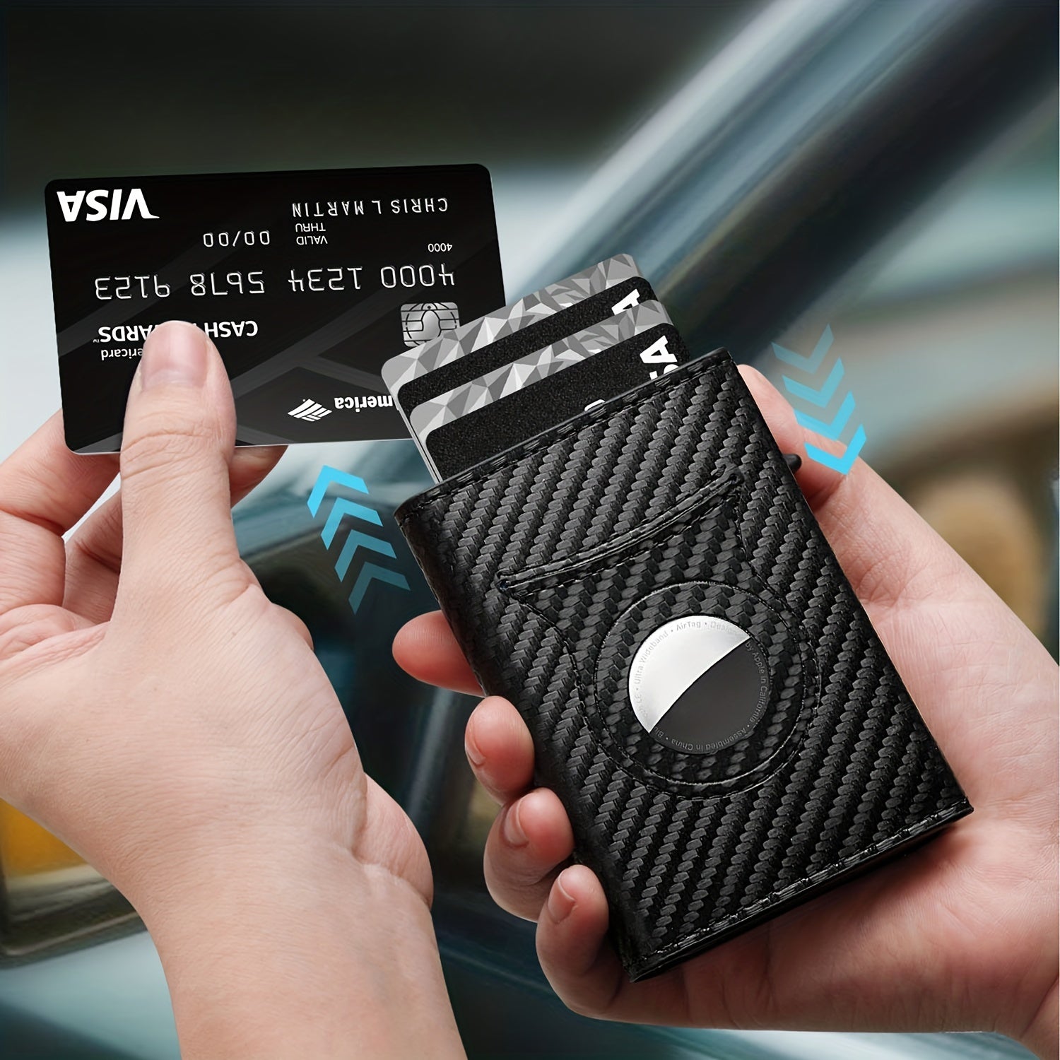 Men's Carbon Fiber Magnetic Card Holder Airtag Leather RFID Zipper Coin Purse