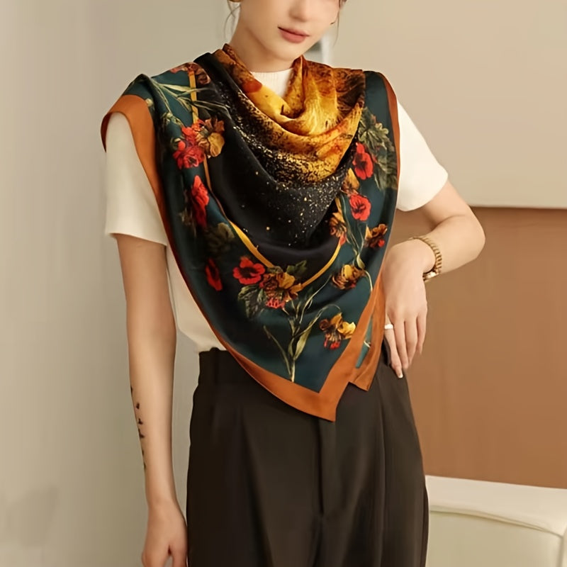 Vintage Flower Print Square Scarf Silk Shawl Casual Windproof Head Wrap Sunscree