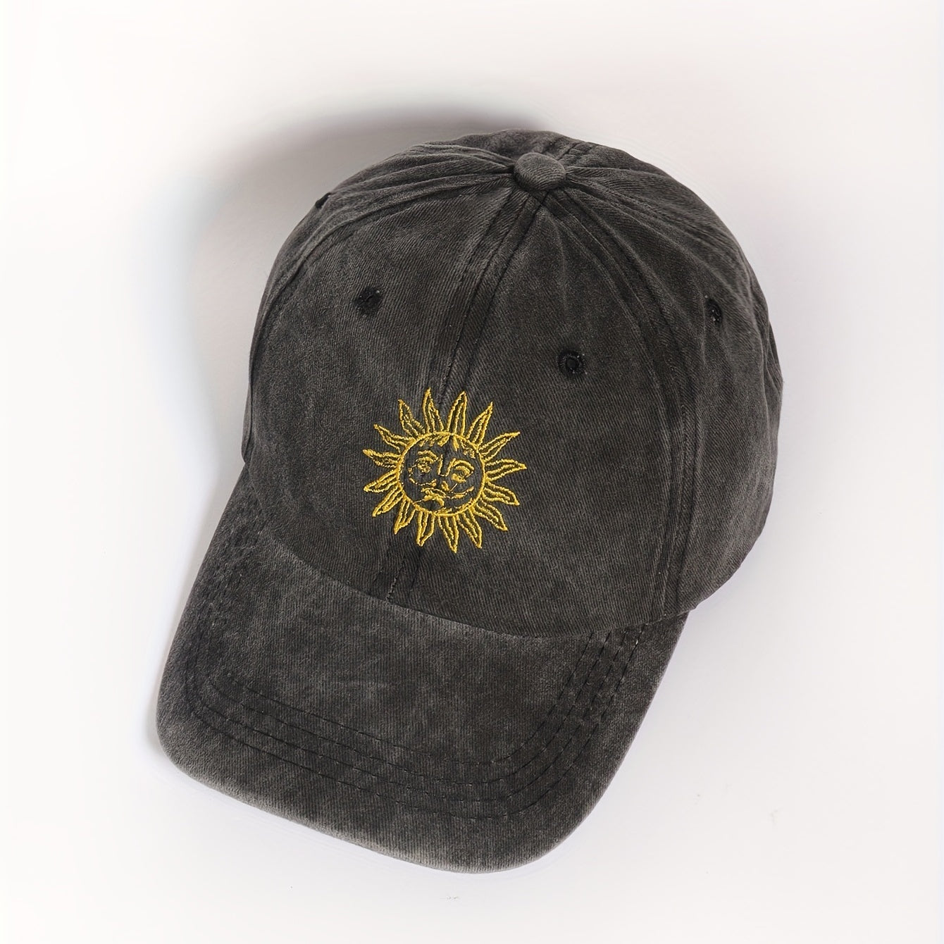 Vintage Sun Embroidery Baseball Cap Unisex Washed Gray Dad Hat