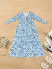  Ditsy Floral Print Long Sleeve V Neck Maxi Dress