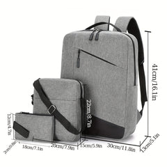 3pcs Men's Backpack Crossbody Bag Set USB Charging Port Double Shoulder Bag