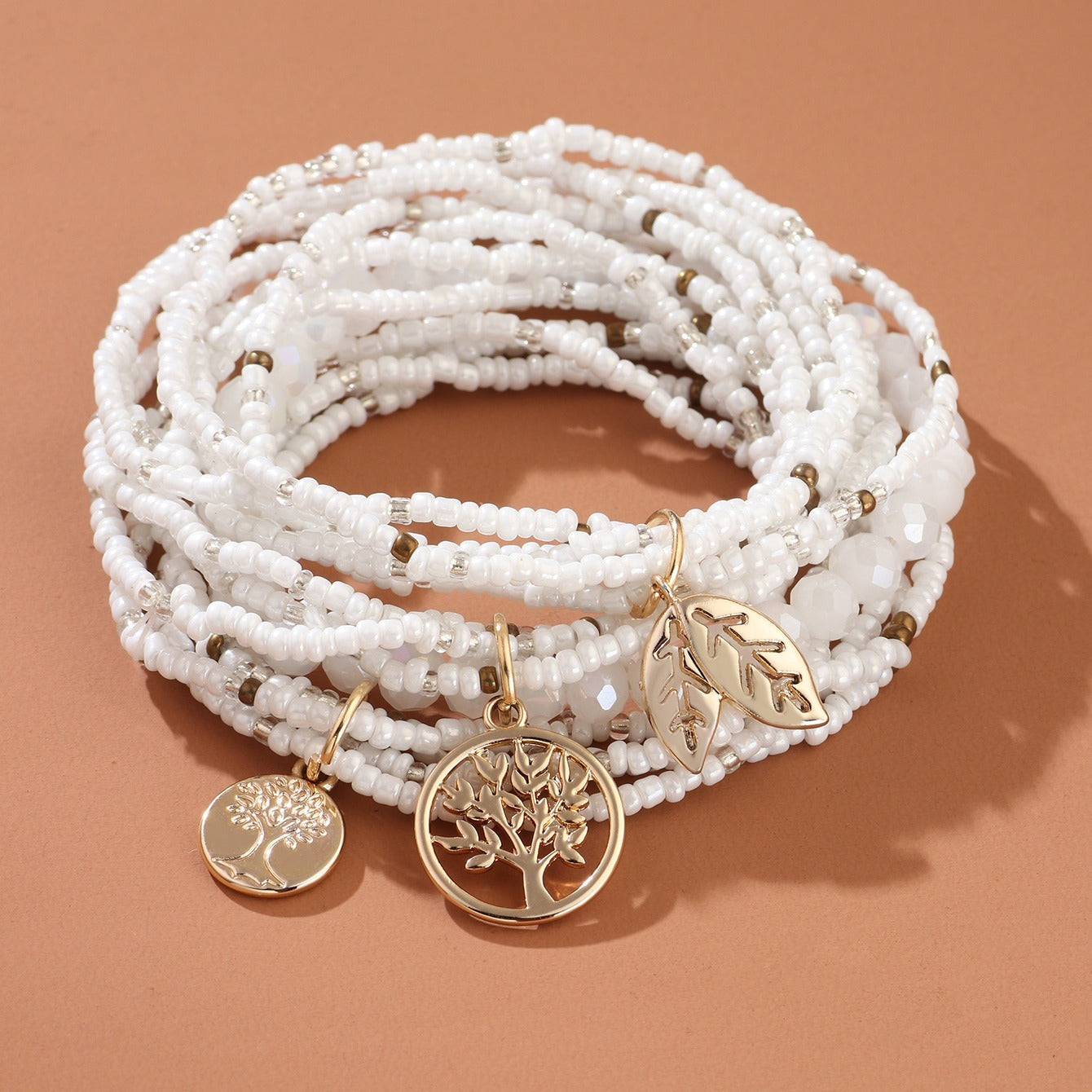 Leaf Shape Pendant Beaded Bracelet Boho Style Hand Jewelry For Women