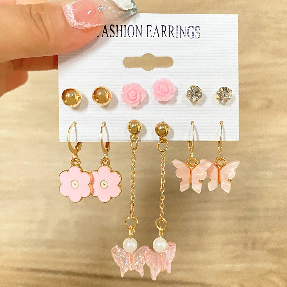 Butterfly Drop Earrings & Faux Pearl Stud Set
