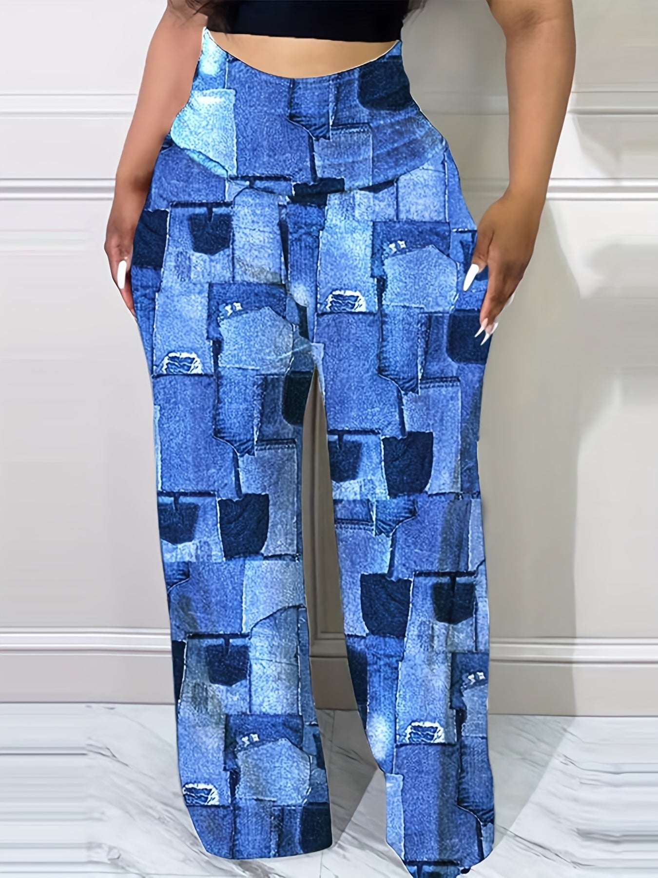  Casual Denim Print High Rise Wide Leg Pants