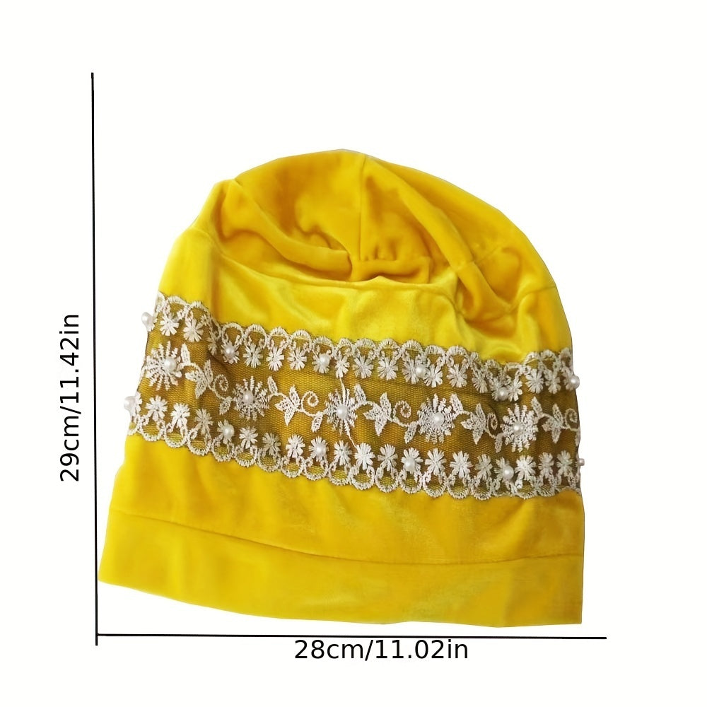 Velvet Lace Turban Cap Faux Pearl Head Wrap