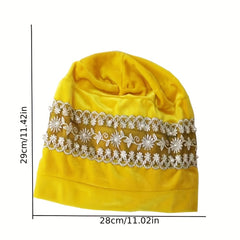 Velvet Lace Turban Cap Faux Pearl Head Wrap