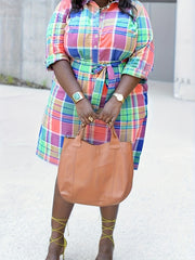  Plaid Print Long Sleeve Shirt Dress With Belt