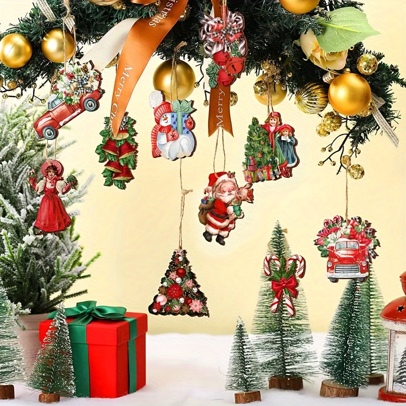 10pcs Christmas Santa Wooden Hanging Ornaments Party Decor Tree Decorations