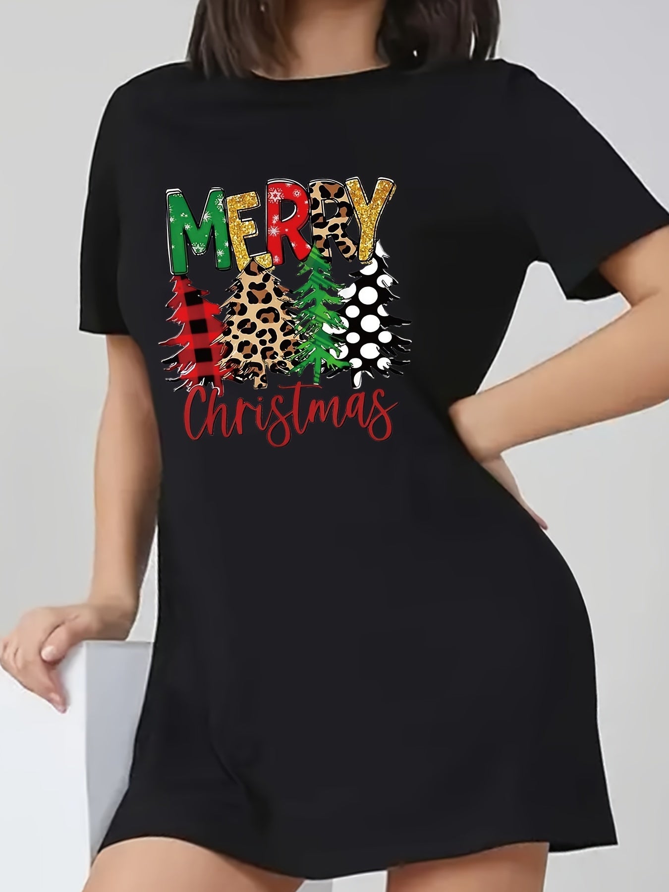  Christmas Casual Dress Women's Plus Slogan & Tree Print Tee Dress