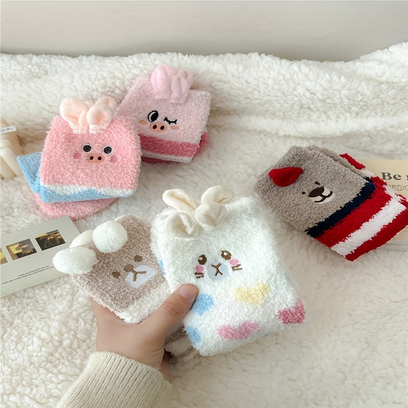 5 Pairs Animal Pattern Plush Socks Soft Mid Tube Women's Stockings