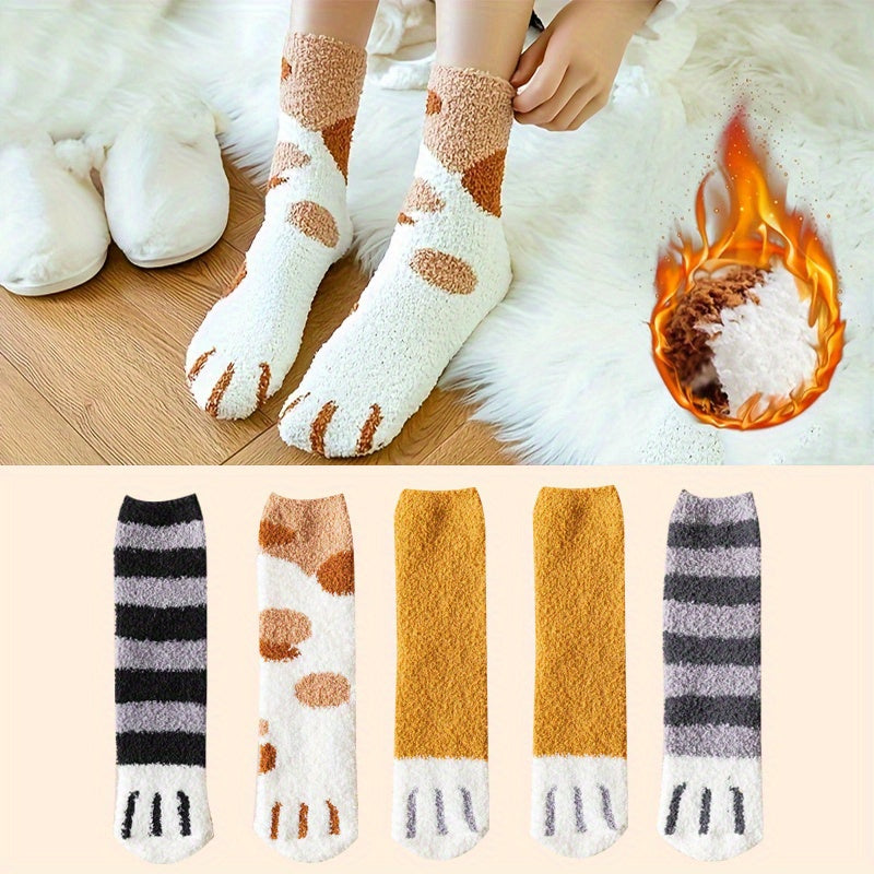 5 Pairs Cat Claw Print Socks Fuzzy Warm Women's Stockings