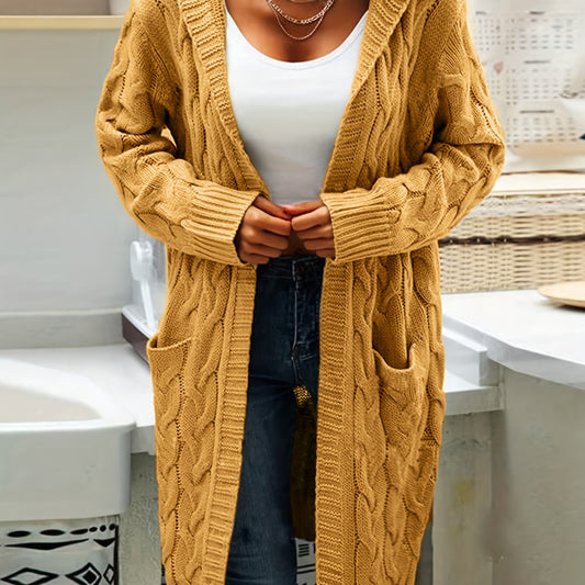  Cable Sleeve Hooded Cardigan With Pockets