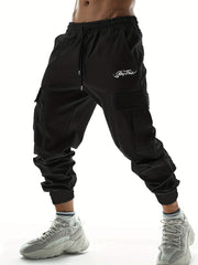 Stay Tune Letter Print Casual Side Pockets Drawstring Joggers Men s Cargo Pants