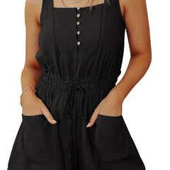 Drawstring Waist Romper Jumpsuit with Pockets