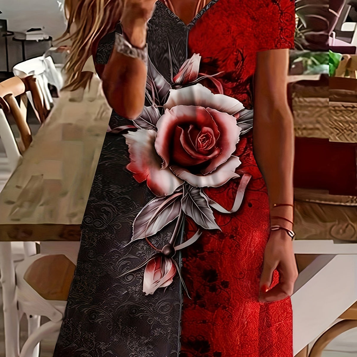  Colorblock Rose Print Short Sleeve V Neck Dress