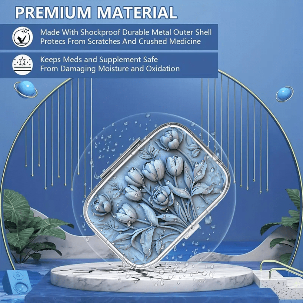 Floral 2D Relief Iron Pill Box 3 Compartment Portable Medication Organizer