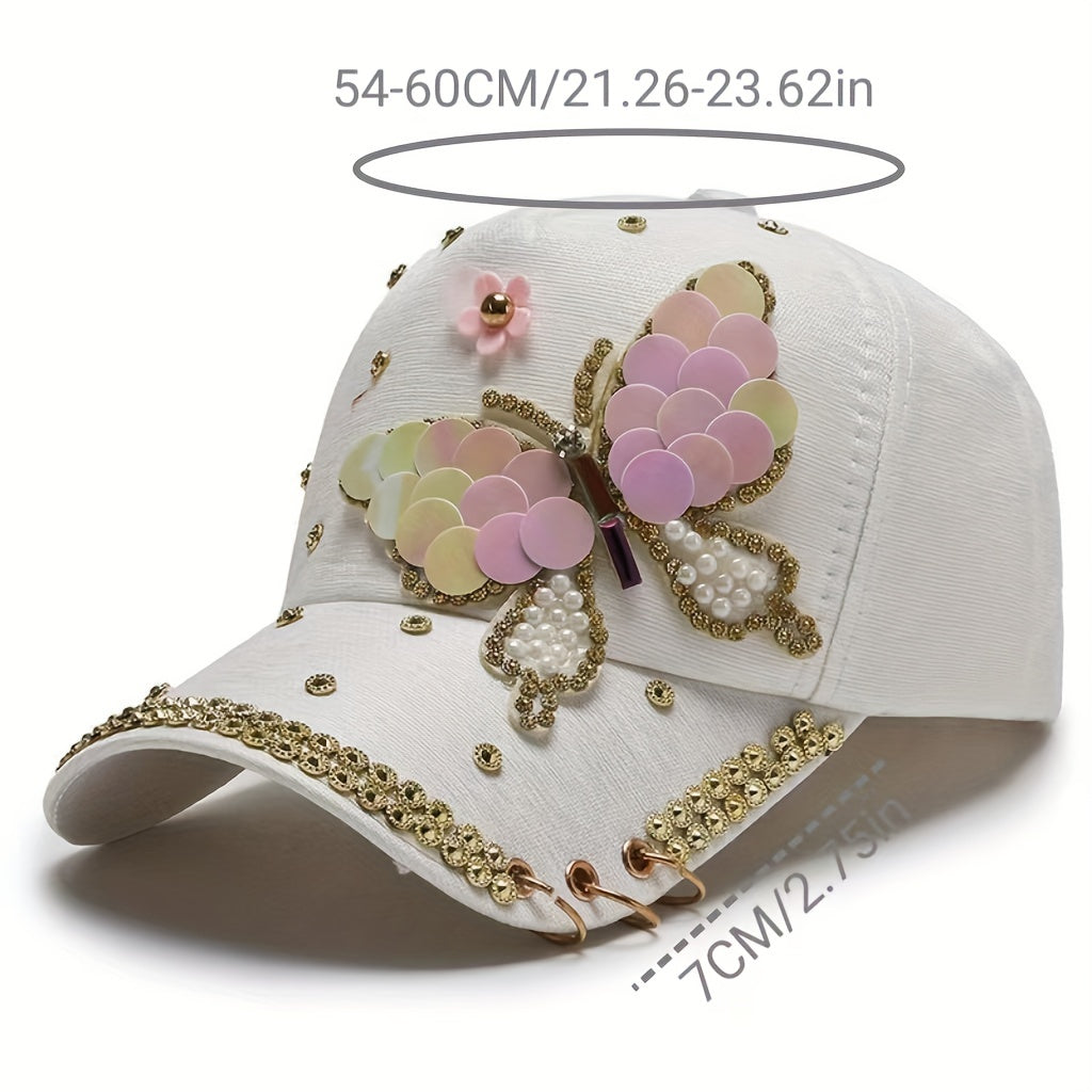 Sequin Butterfly Y2K Baseball Cap Rhinestone Faux Pearl Ring Decor