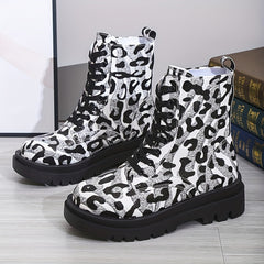 Leopard Print Combat Boots Lace Up Platform Ankle Boots