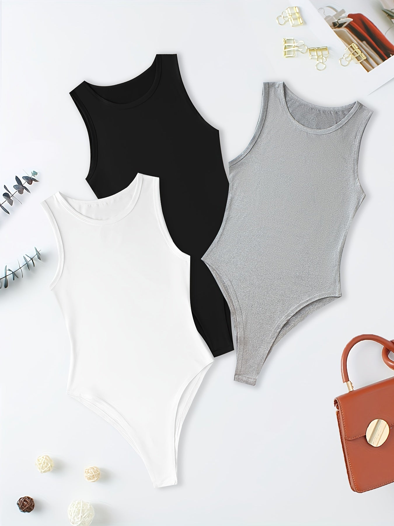 Versatile Sleeveless Bodysuits Crew Neck Slim Summer 3pcs