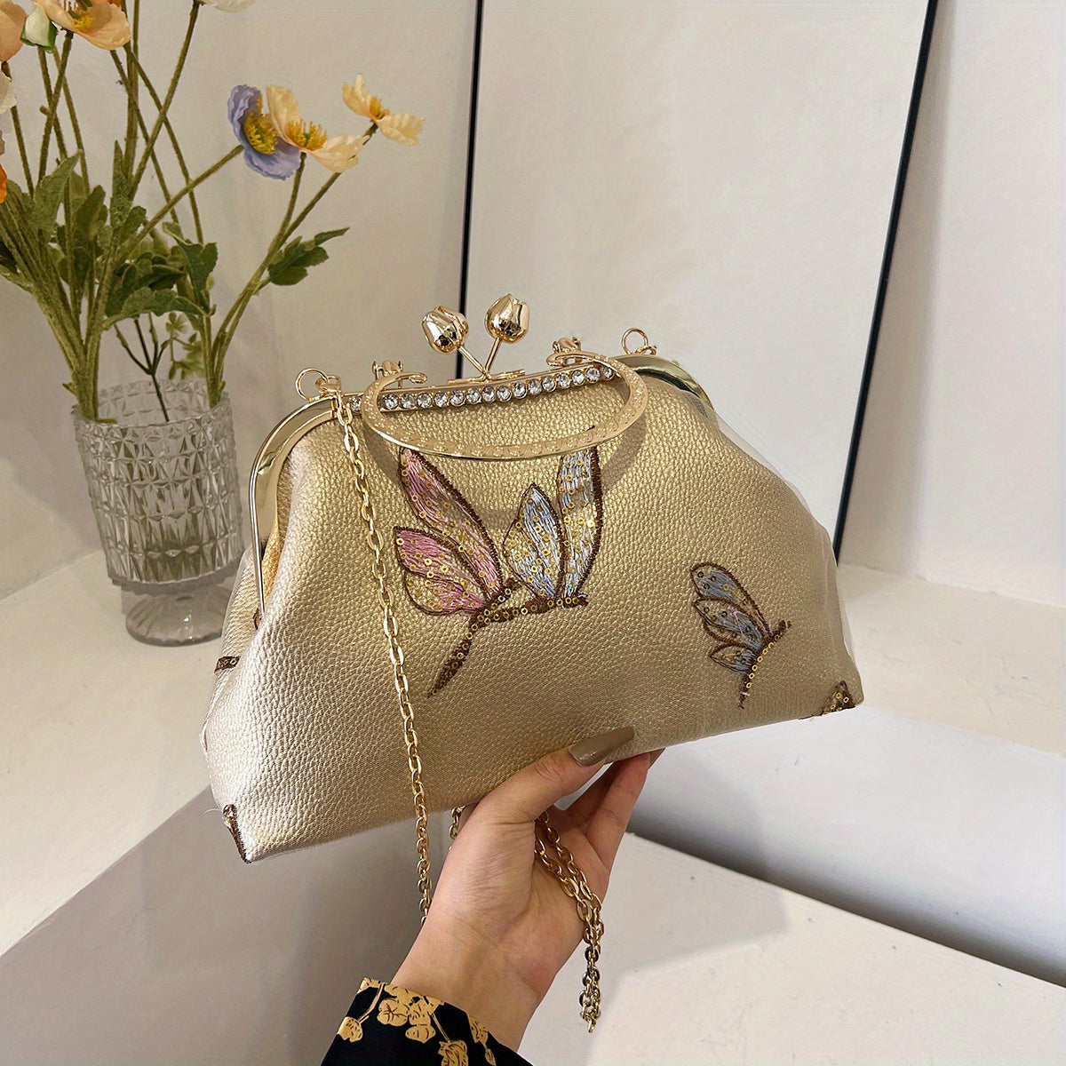 Vintage Sequins Embroidery Evening Handbag Chain Crossbody Bag