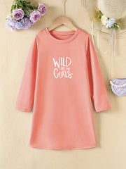 Girls' Letter Print Long Sleeve A Line Dress for Spring Fall