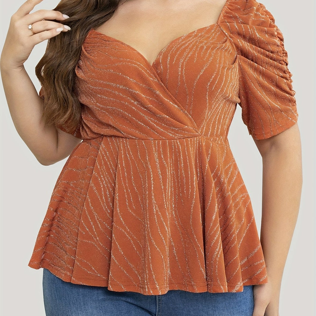  Casual Top Shinny Striped Lantern Sleeve Surplice Neck Stretch Peplum
