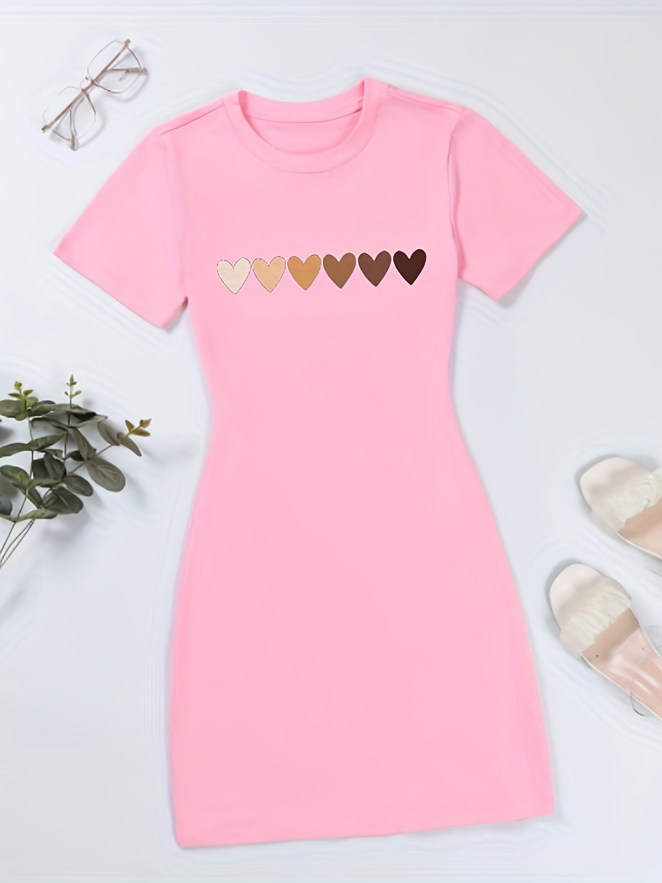 Heart Print Bodycon Dress Short Sleeve for Spring & Summer