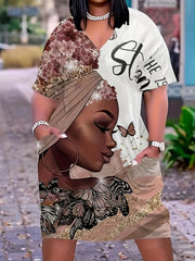Women's Plus Figure & Butterfly Print Short Sleeve V Neck Tee Dress