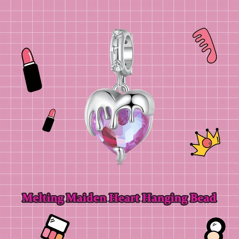 PANPOKI 925 Silver Pink Crystal Heart Pendant, DIY Fine Jewelry
