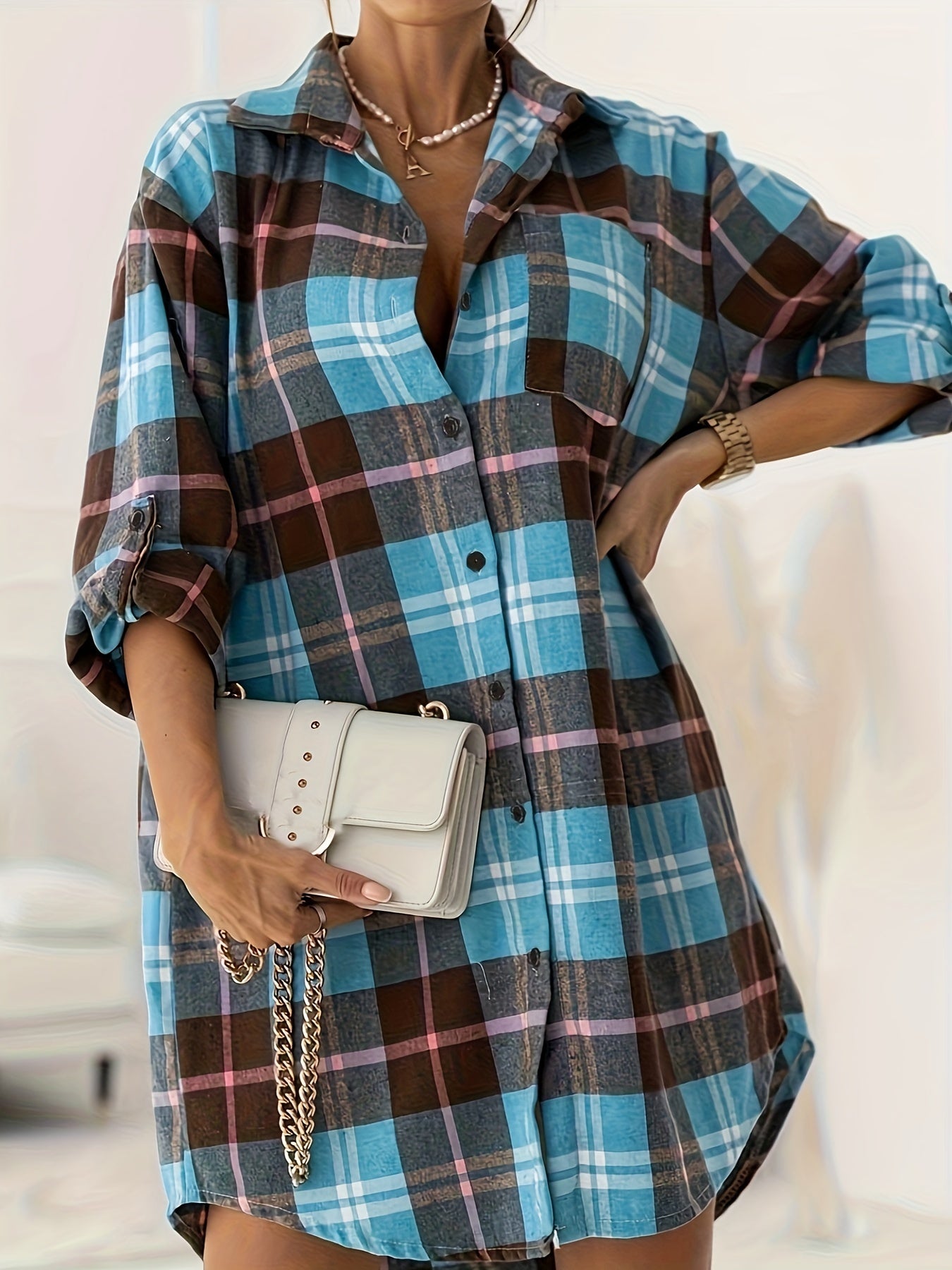  Plaid Print Long Shirt Button Front Collar