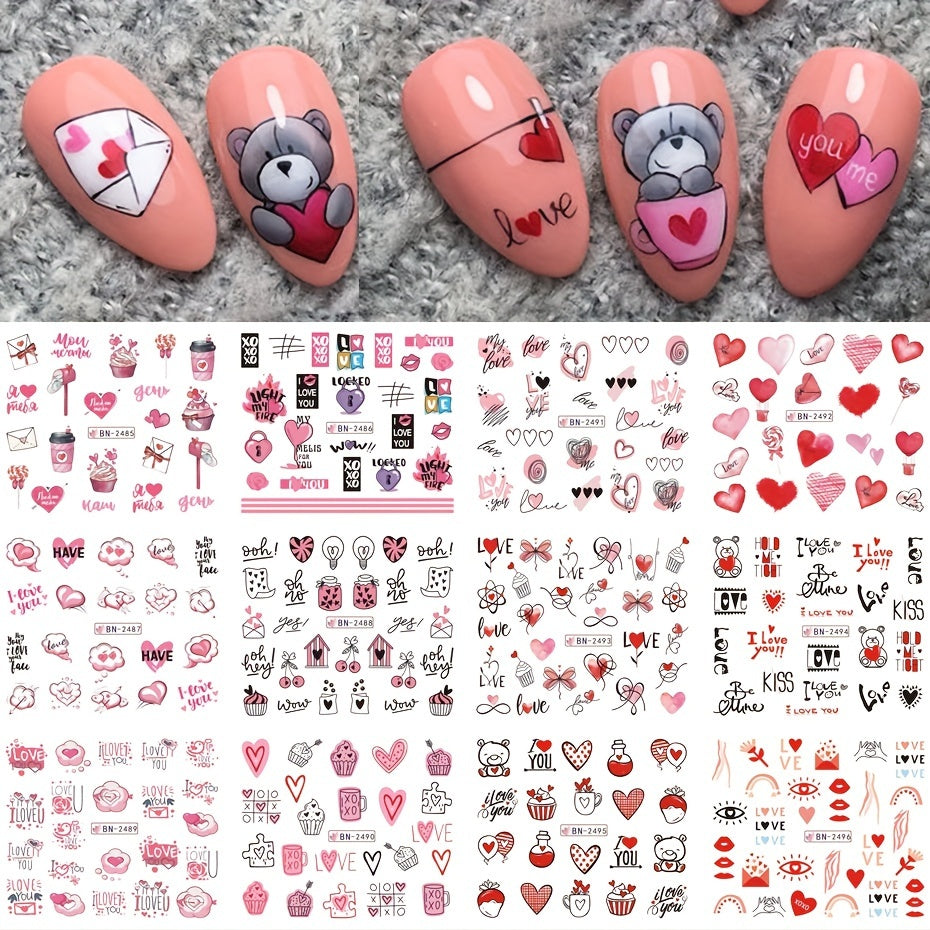 Valentine Nail Water Transfer Stickers Heart Love Letter Red Lip Rose Nail Art D