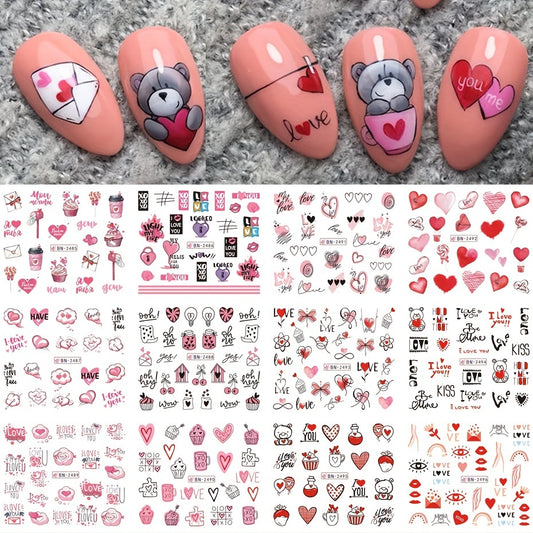 Valentine Nail Water Transfer Stickers Heart Love Letter Red Lip Rose Nail Art D
