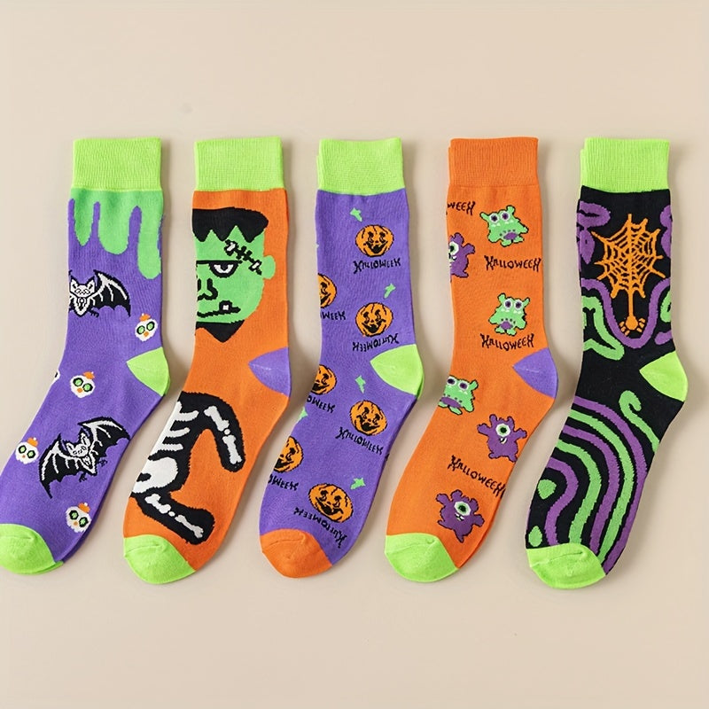 5 Pairs Pumpkin & Skull Print Socks Funny Halloween Crew Socks Women's Stockings