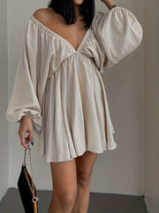  Sexy Dress Women's Plus Solid Lantern Sleeve V Neck Mini Dress
