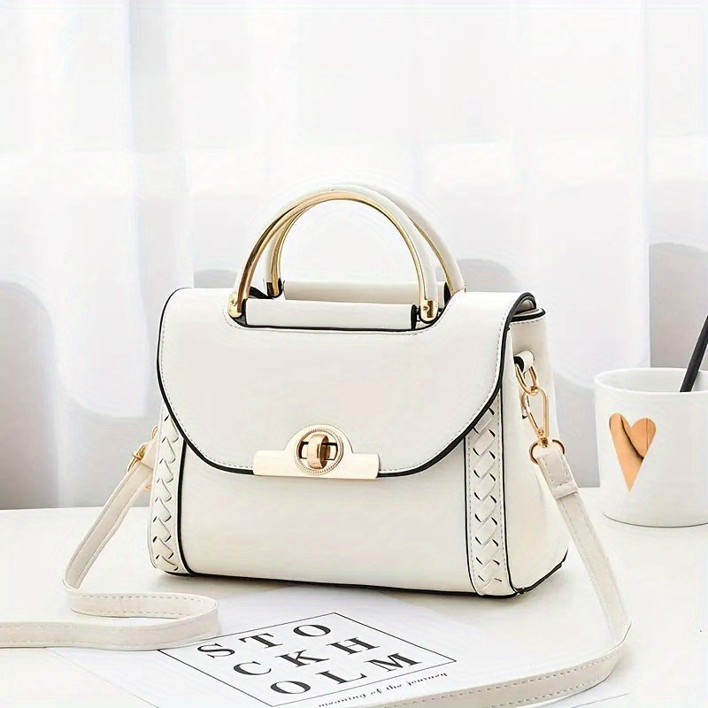 Top Handle Shoulder Bag Turn Lock PU Leather Handbag