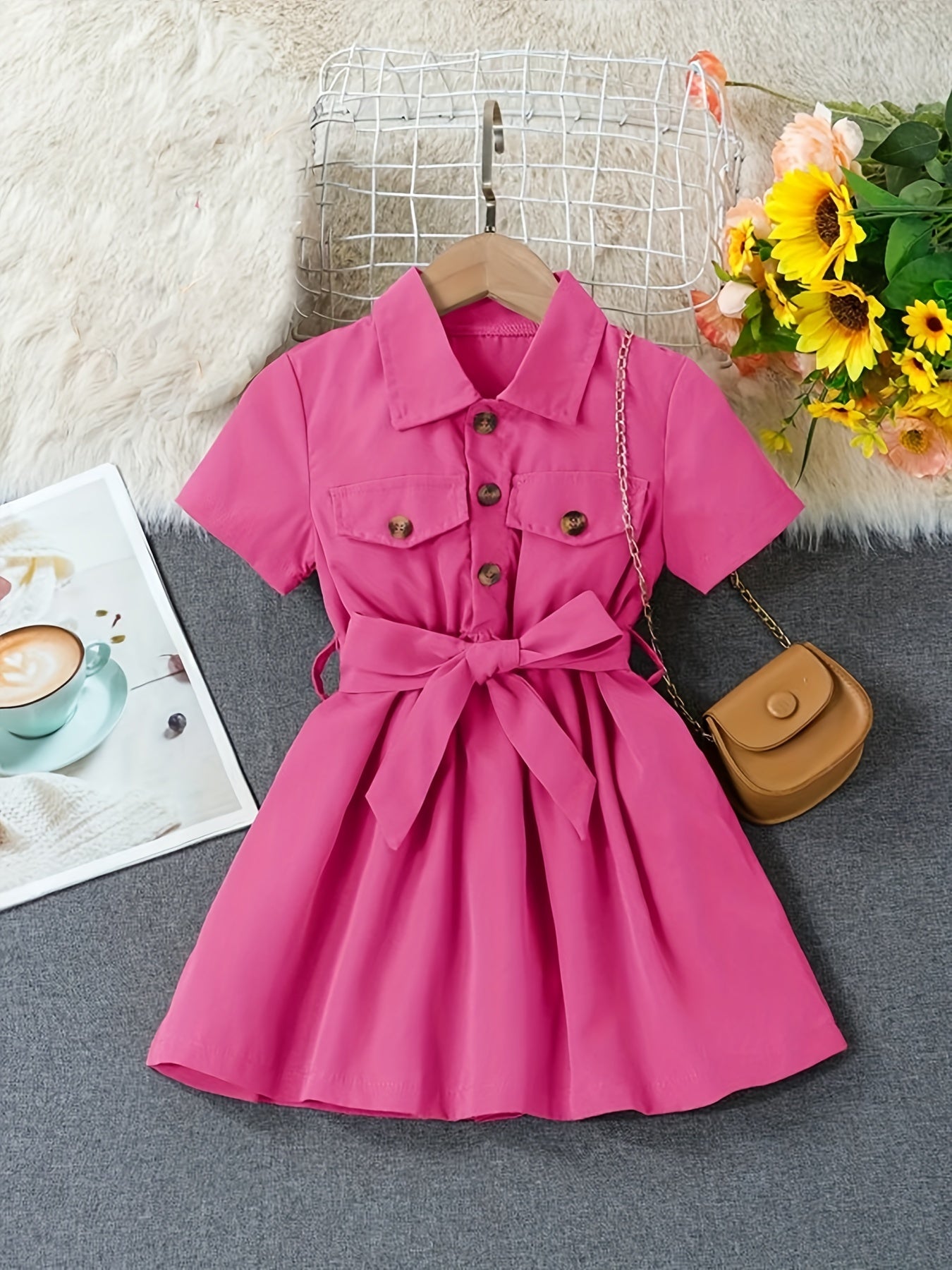 Girls' Button Down Belted Dress Kids Clothing