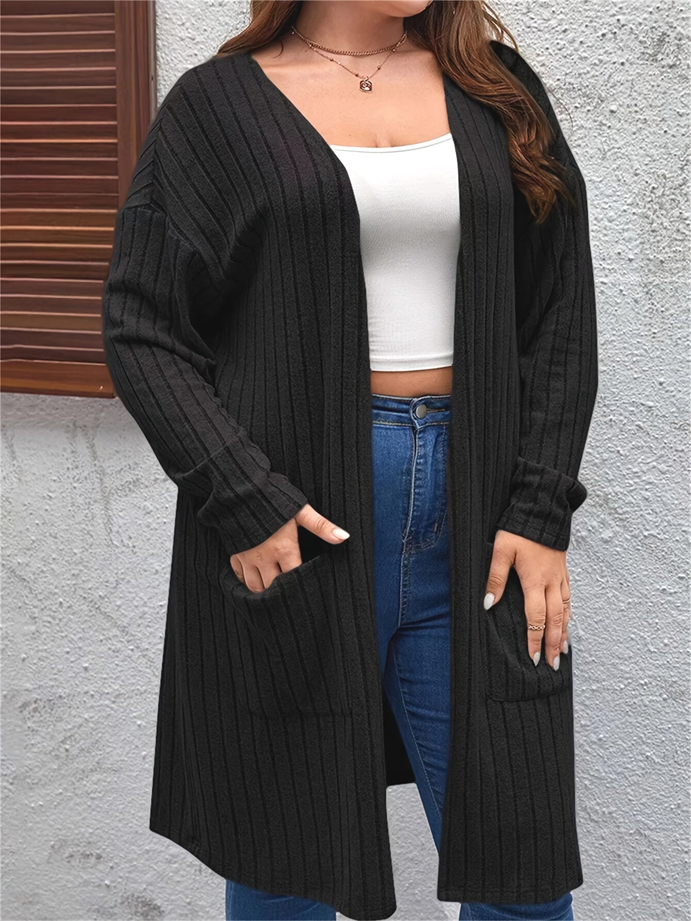  Open Front Ribbed Knit Cardigan with Pockets