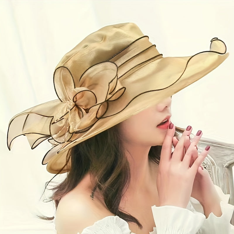 Organza Sun Hat Wide Brim Flower Ruffles Derby Hat