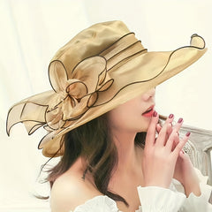 Organza Sun Hat Wide Brim Flower Ruffles Derby Hat
