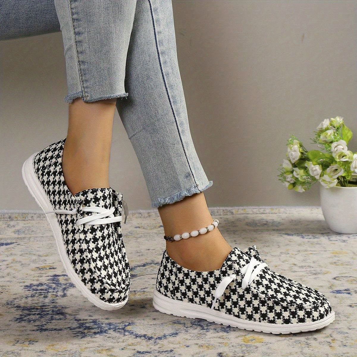 Women's Houndstooth Canvas Shoes Slip On Casual Flat Sneakers