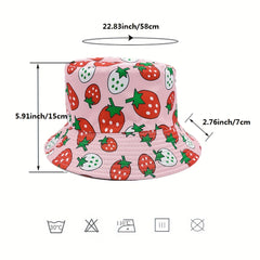 Pink Strawberry Print Bucket Hat Reversible Basin Hat For Women