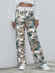 Women's Plus Camo Elastic Drawstring High Rise Wide Leg Trousers