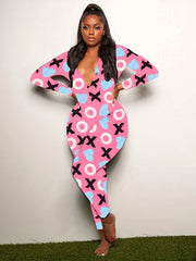 Heart Print Lounge Jumpsuit Long Sleeve V Neck Buttons Romper Women's Loungewear