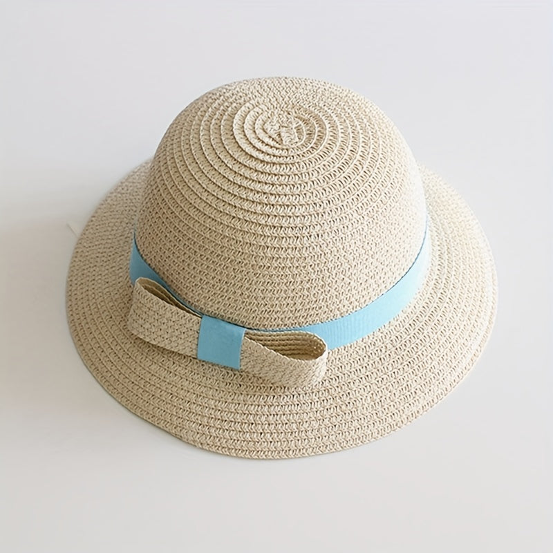Girls Straw Sun Hat with Bow - Sunshade Bucket Hat