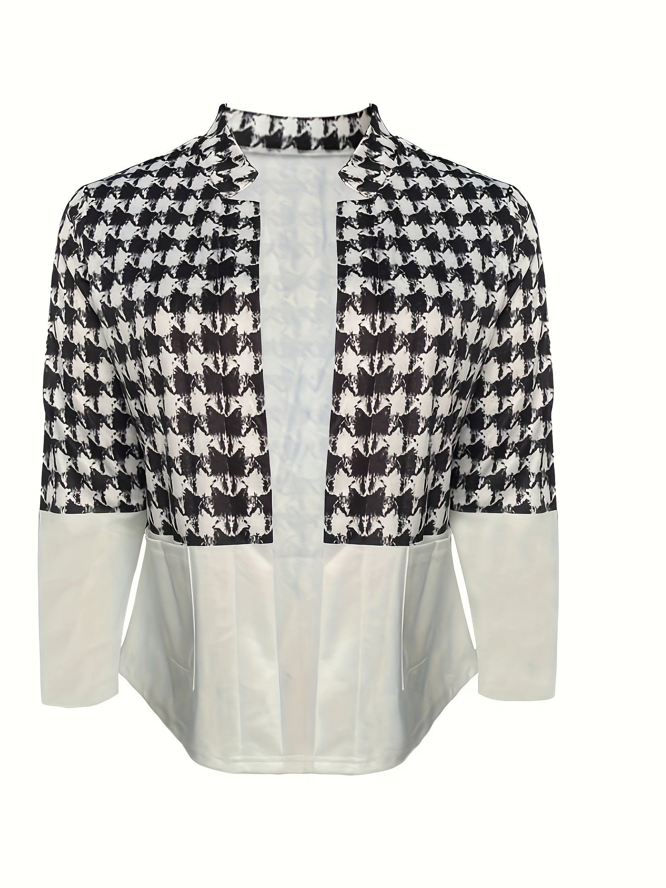  Colorblock Houndstooth Print Long Sleeve Slim Fit Blazer
