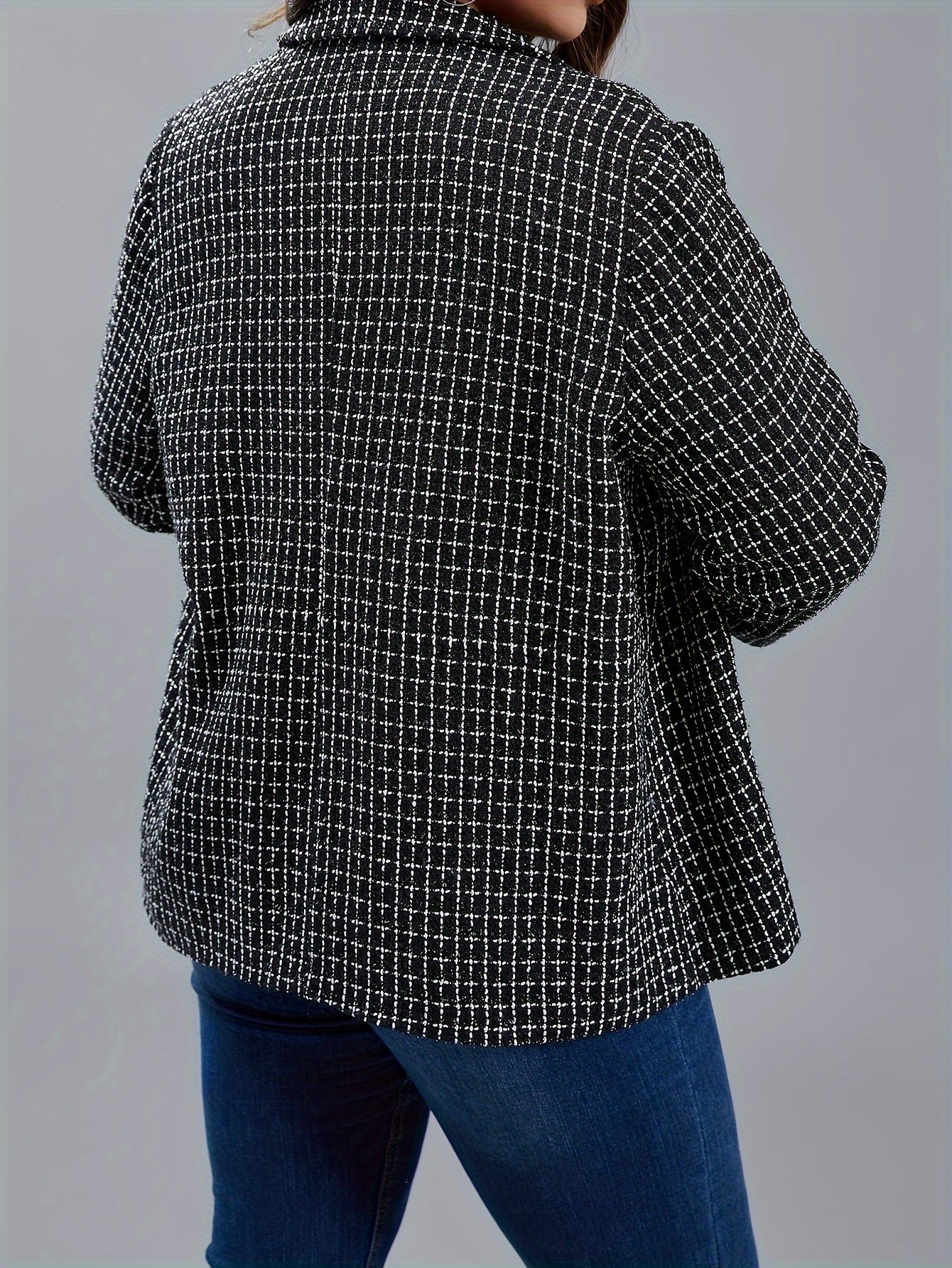  Grid Print Button Lapel Collar Blazer