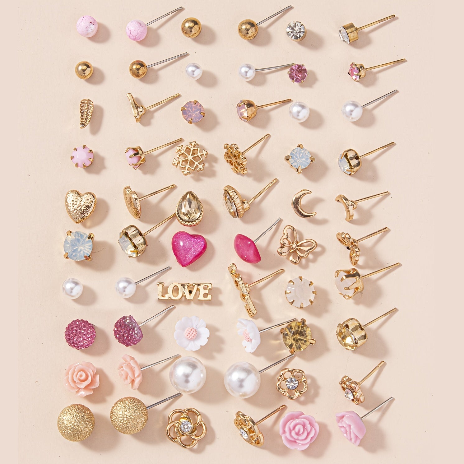 30 Pairs Assorted Stud Earrings Set with Zircon and Flower Designs