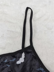  Satin Bat Print Cami Top & Panties Sexy Lingerie Set Women's Plus